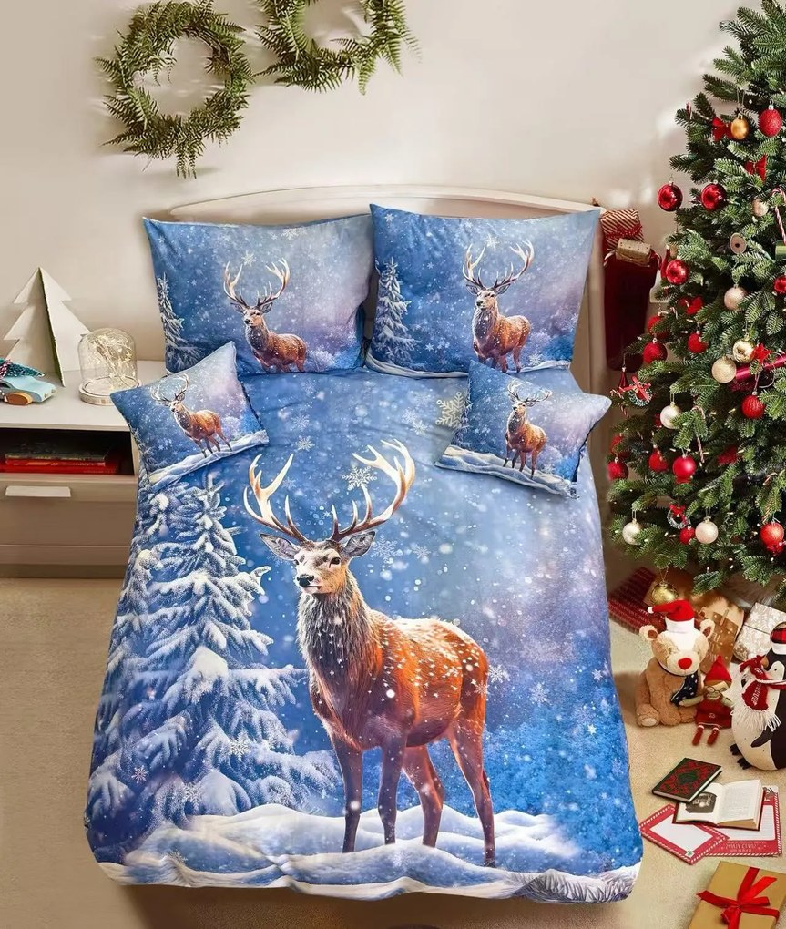 PrzytulneMieszkanie.pl PrzytulneMieszkanie.pl 3D Bawełniana pościel FROSTED DEER niebieska + poszewka na poduszkę 40x50 cm gratis Rozmiar pościeli: 70 x 90 cm | 140 x 200 cm