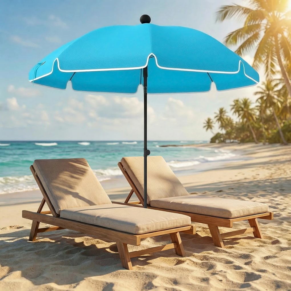 Outsunny Parasol plażowy Ø150 cm wodoodporny, składany parasol z kotwicą do piasku, regulowanym nachyleniem i torbą do przenoszenia, niebieski | Aosom PL