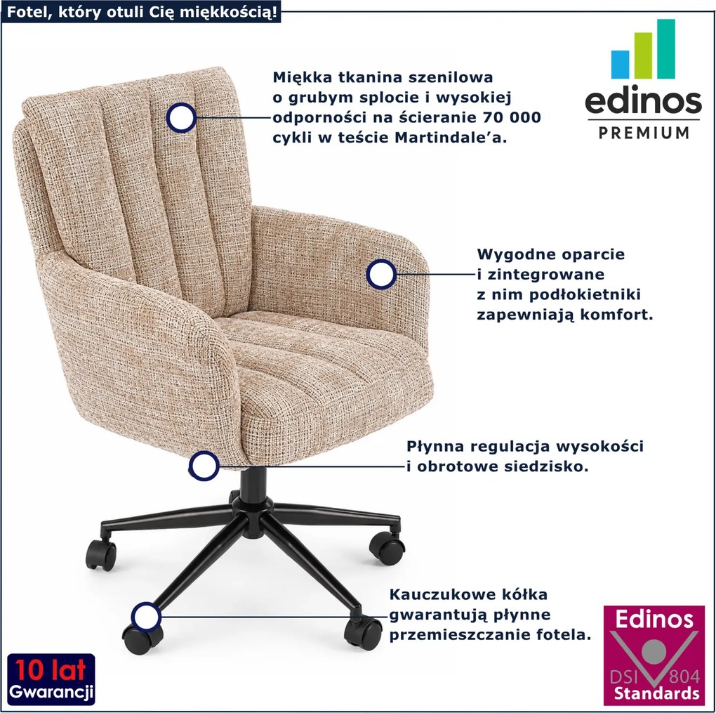 Beżowy tapicerowany fotel obrotowy ze zintegrowanymi podłokietnikami H3-T95