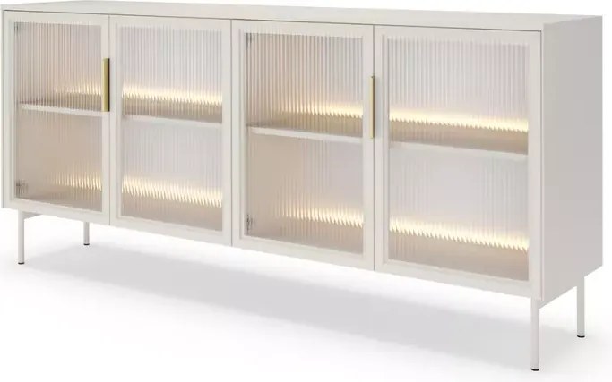 Komoda Minal 4D – czterodrzwiowa przeszklona komoda z półkami i podświetleniem LED, w kolorze kaszmir lub dąb dunin