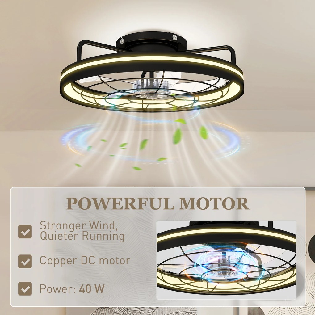 HOMCOM Wentylator sufitowy z lampą i pilotem, 48 cm LED, 3 temperatury światła, 6 prędkości, timer, czarny | Aosom PL