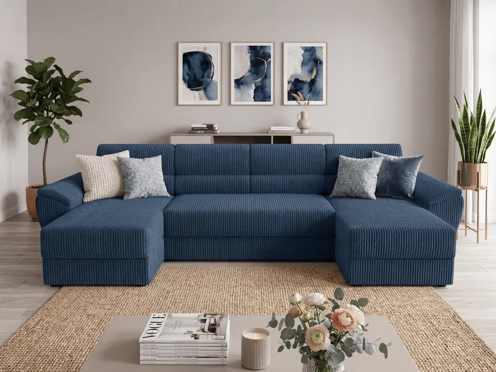 Rozkładana sofa narożna w kształcie U TAVERO 321x140 cm, ciemnoniebieska