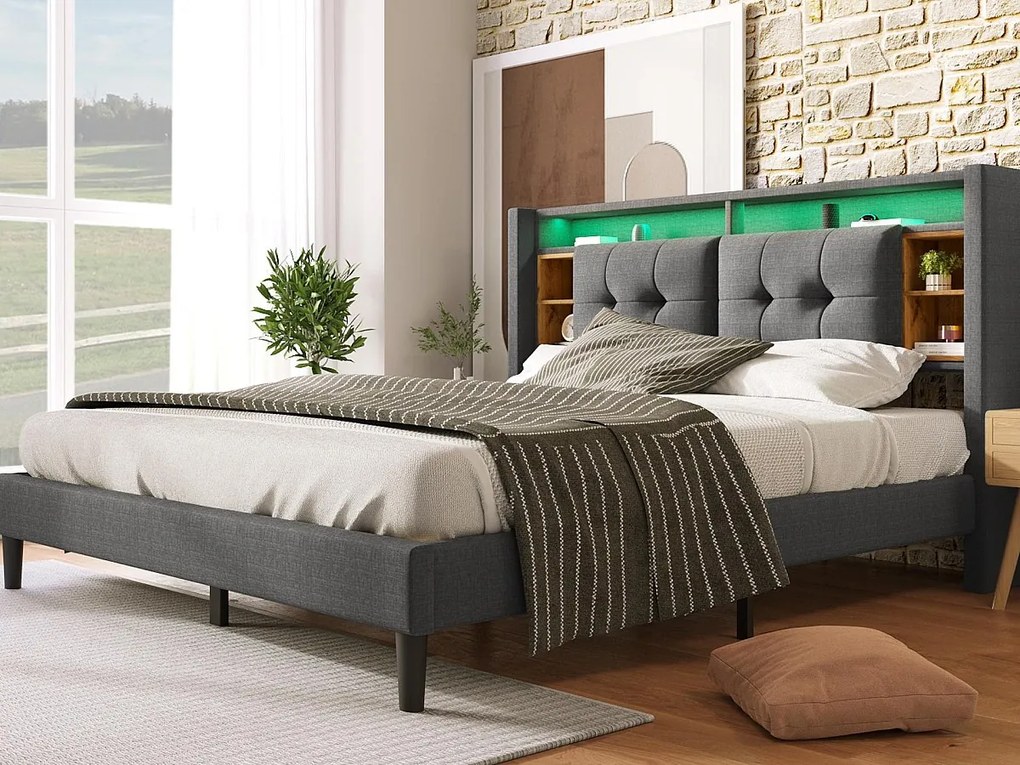 Łóżko podwójne tapicerowane 160x200cm z lnem z LED i portem ładowania USB - stelaż na listwy - Szary