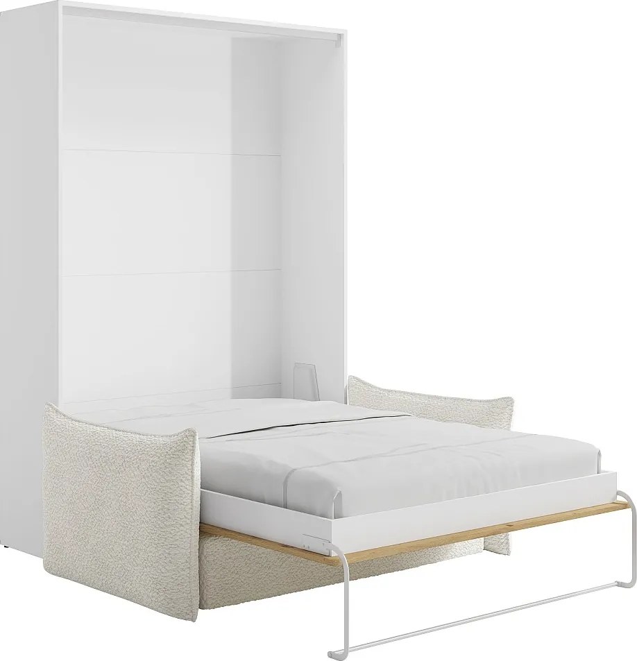 Łóżko chowane w szafie 160 x 200 cm - Ręczne otwieranie pionowe - Naturalny i biały + kanapa - BEGANIO