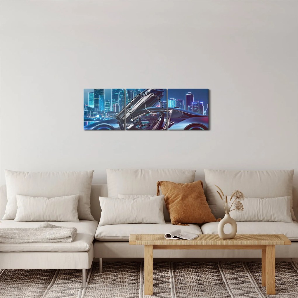 Obraz samochodu wyścigowego w nocy (z zegarem) (90x30 cm)