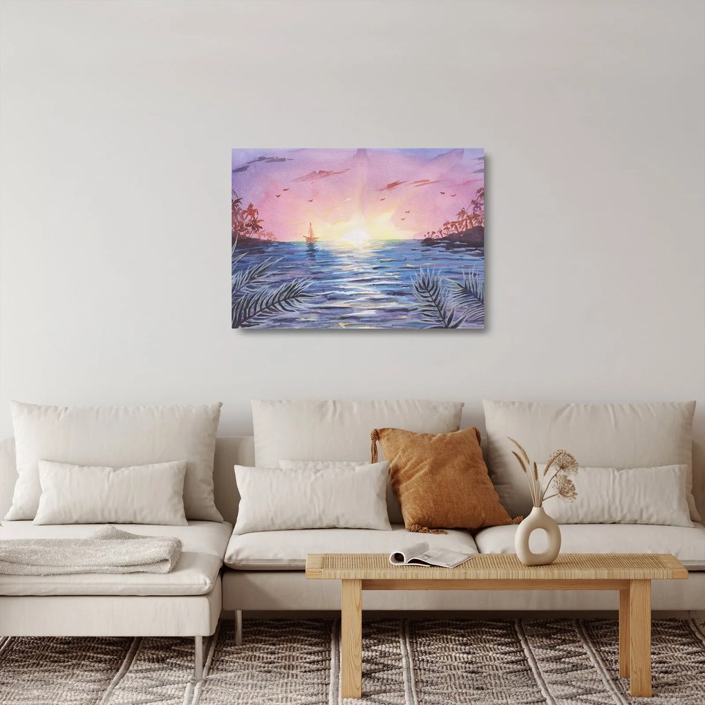 Obraz na szkle - Zachód słońca nad wodą, akwarela (70x50 cm)