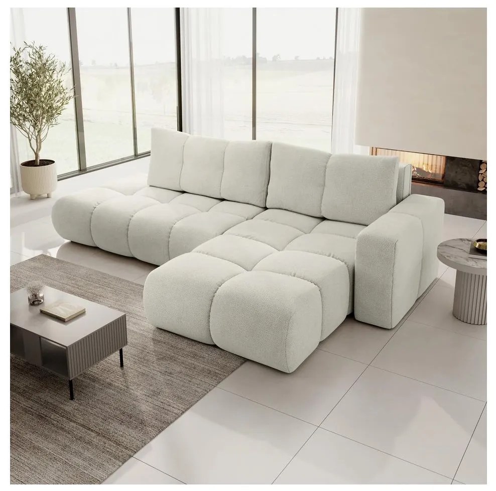 Rozkładany narożnik tapicerowany ALMADA z pojemnikiem, układ L, prawy, beżowy