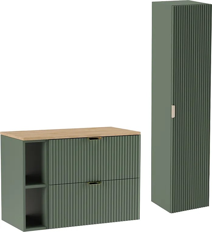 Zielony Zestaw Łazienkowy 80cm Szafka Blat Orzech Regał Słupek Ryflowane Fronty