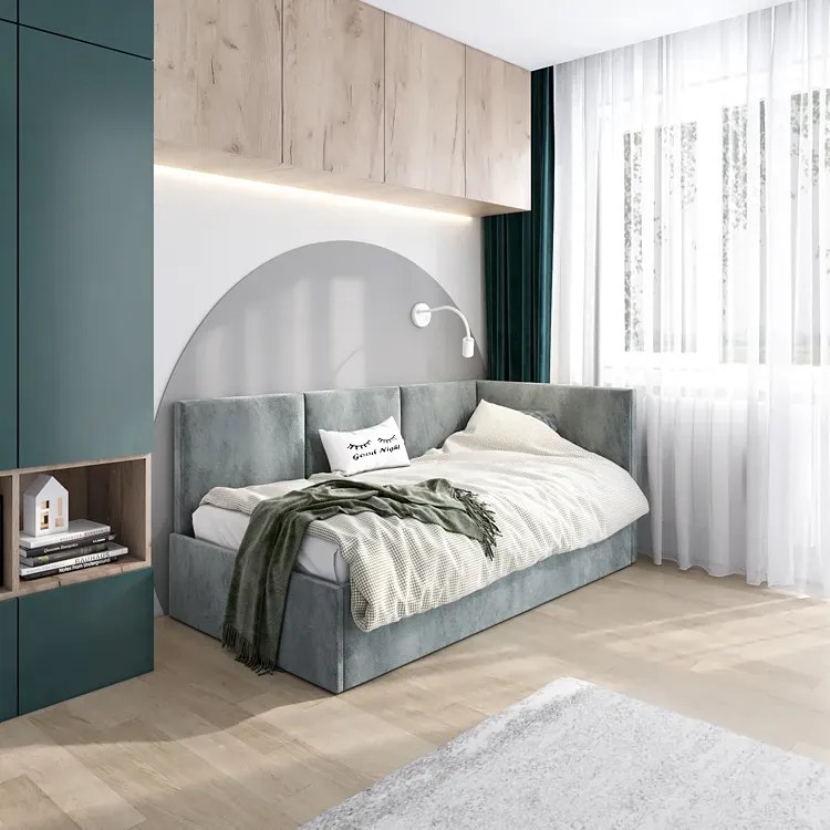 Szare łóżko tapicerowane z pojemnikiem C7-E01