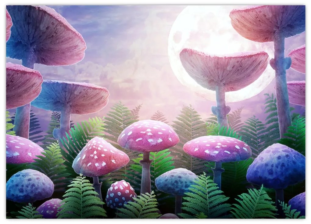 Obraz na szkle - Grzyby w pełni księżyca, grafika (70x50 cm)
