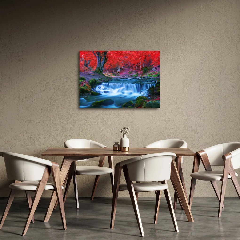 Obraz wodospadu w czerwonym lesie (70x50 cm)