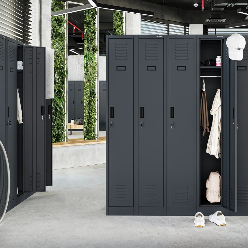 Szafka pracownicza metalowa antracytowa: czterokomorowa KACPER II, 600 x 1800 x 500 mm