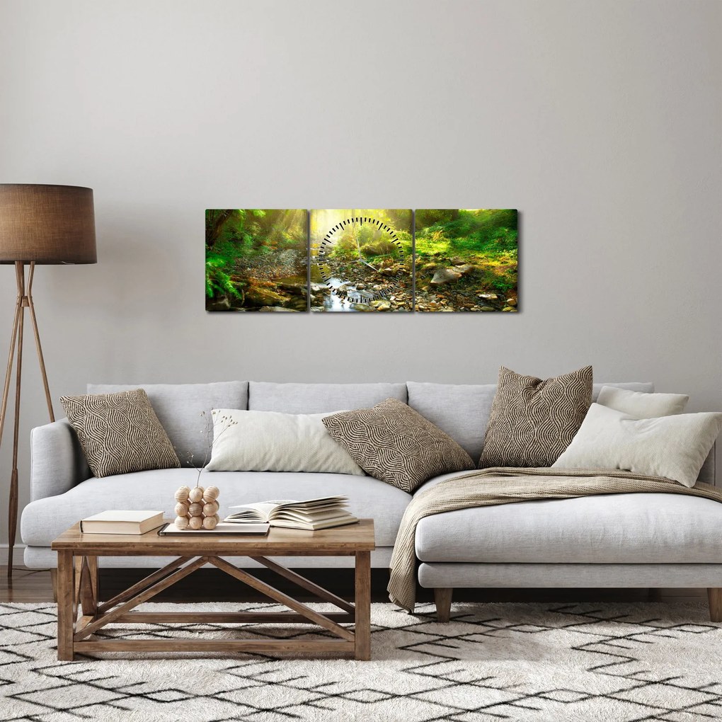 Obraz rzeki w zielonym lesie (z zegarem) (90x30 cm)