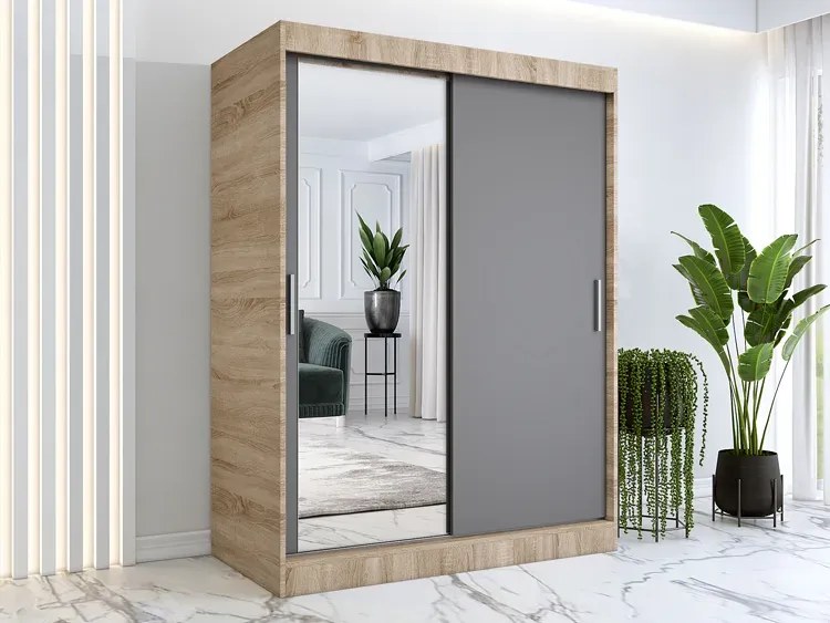 Szafa przesuwna z lustrem 150 cm dąb sonoma + antracyt - Seko 4X