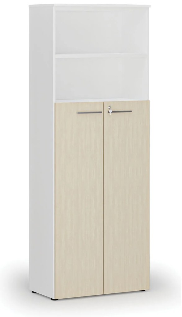 Szafa biurowa kombinowana PRIMO WHITE, drzwi na 4 poziomach, 800 x 420 x 2128 mm, biały/brzoza