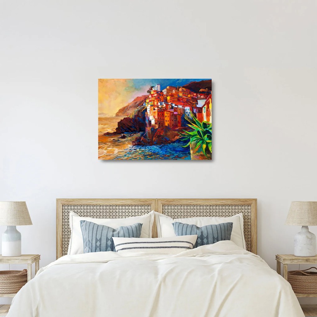 Obraz na szkle - Wieś na wybrzeżu Cinque Terre, Włoska Riviera, nowoczesny impresionism (70x50 cm)