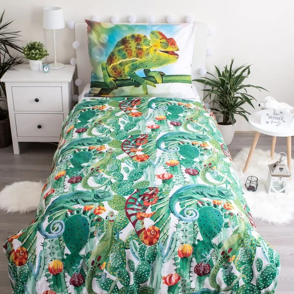 Zielona bawełniana fluorescencyjna pościel dziecięca jednoosobowa 140x200 cm Chameleon – Jerry Fabrics