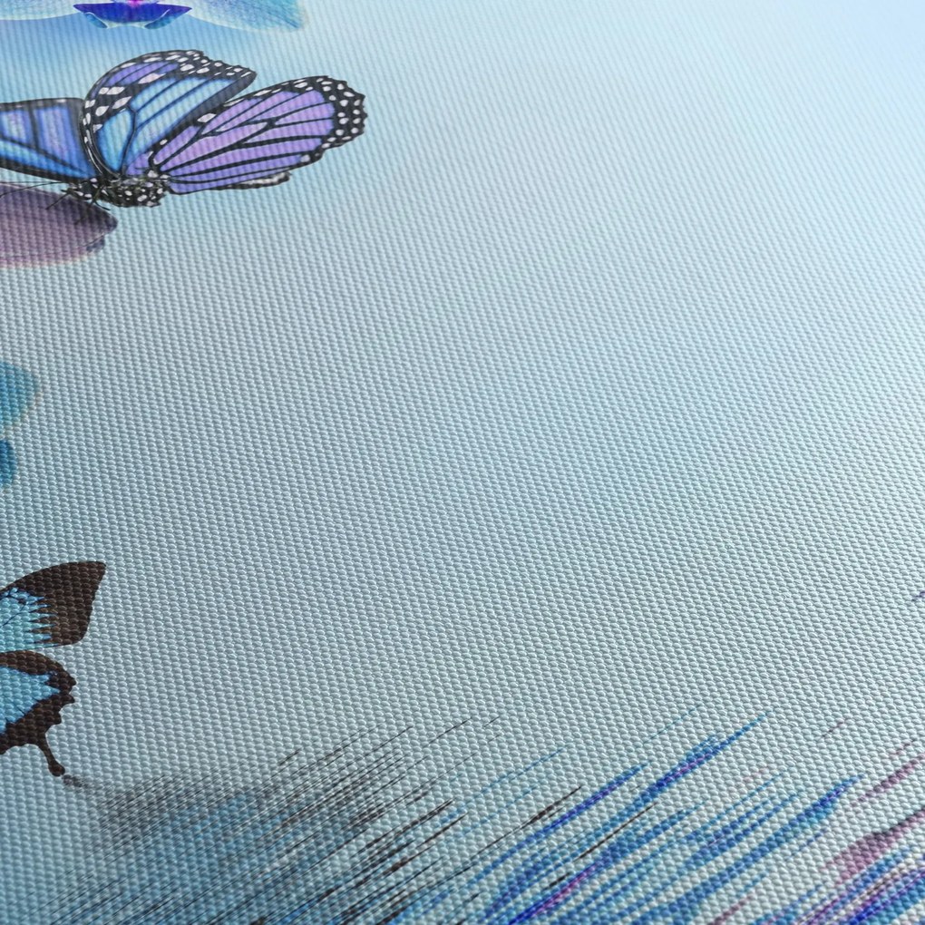 Obraz - Motyl na kwiatach orchidei, niebieski (z zegarem) (90x30 cm)