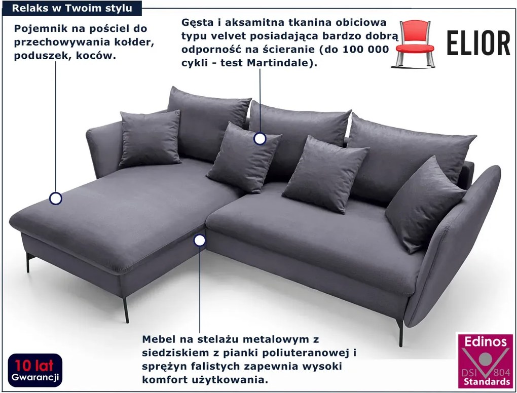 Ciemnografitowa welurowa kanapa narożna rozkładana G0-T39