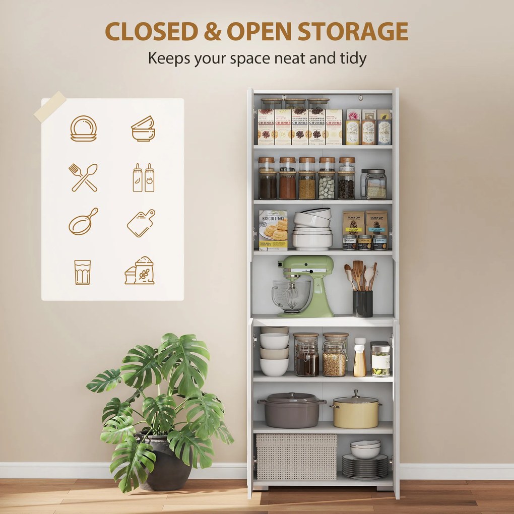 HOMCOM Wysoka szafka kuchenna 180 cm, z funkcją cichego zamykania i regulowanymi półkami, biały wysoki połysk | Aosom PL