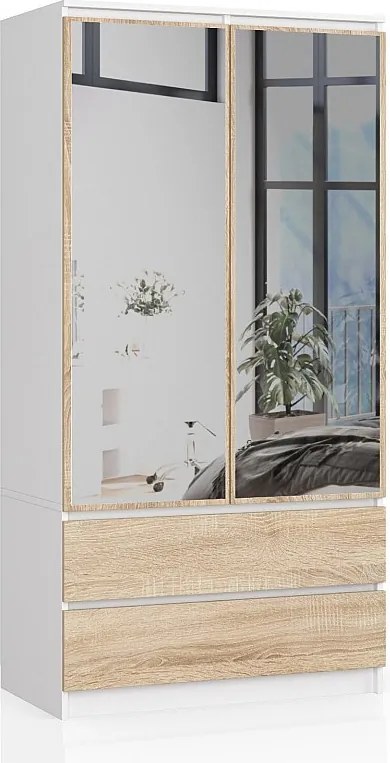 Szafa AKORD S90 Biała 90 cm z lustrem 2 drzwi 2 szuflady kolor Dąb Sonoma mat 4 półki 90x51x180 cm