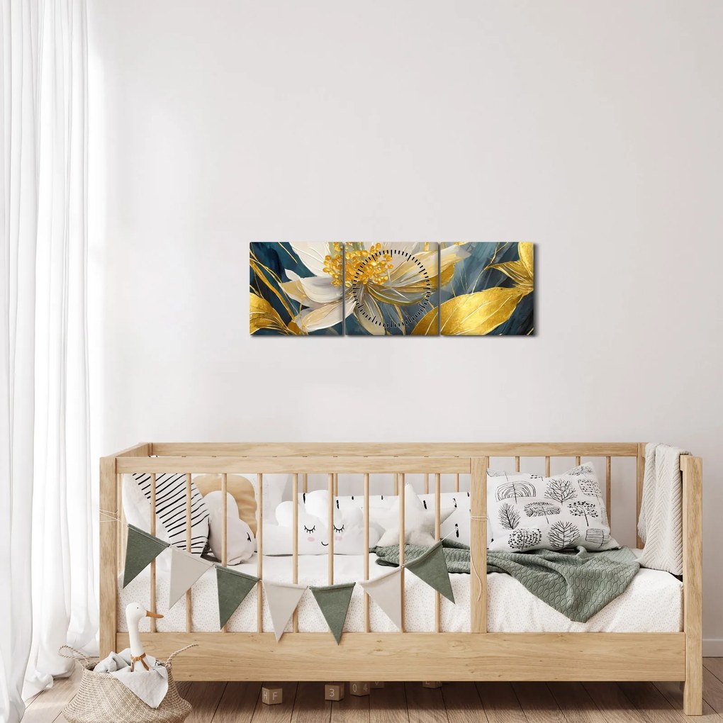 Obraz - Malowanie złotych kwiatów (z zegarem) (90x30 cm)