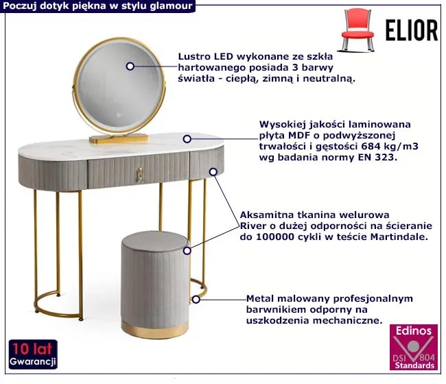 Szara toaletka glamour z lustrem i welurową pufą - Erton 4X