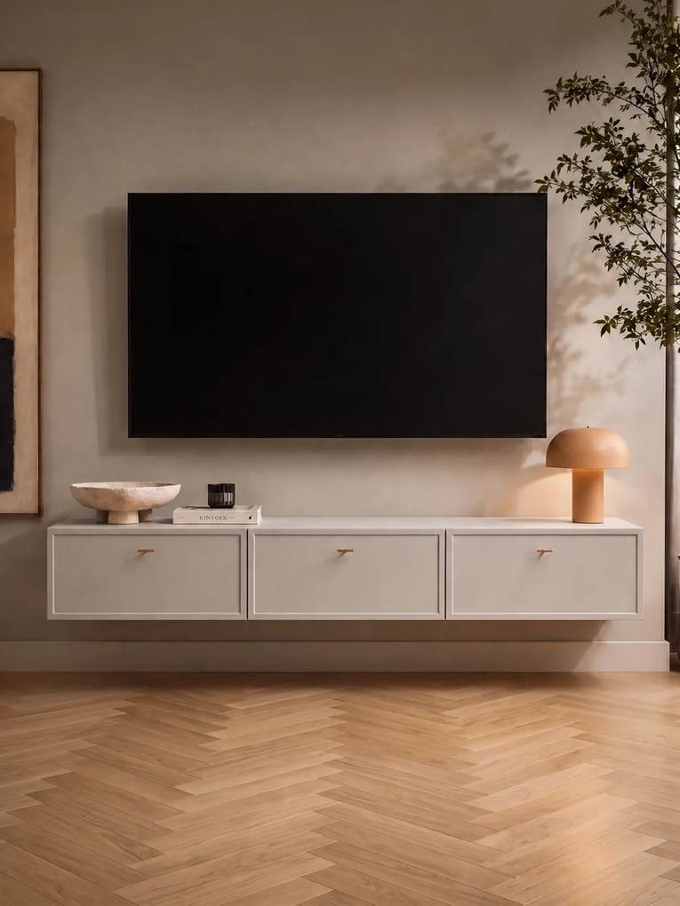 Szafka RTV wisząca Lorini 200 cm z szufladami - kaszmir / złote uchwyty T-bar