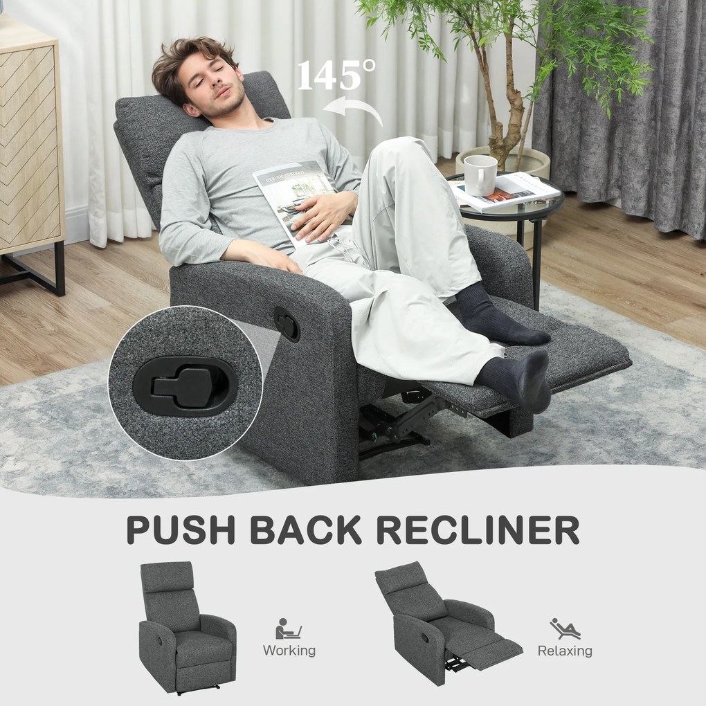 HOMCOM Fotel relaksacyjny, regulowany fotel leżący z dostosowywanym podnóżkiem, nowoczesny fotel do salonu z pokryciem materiałowym, Szary