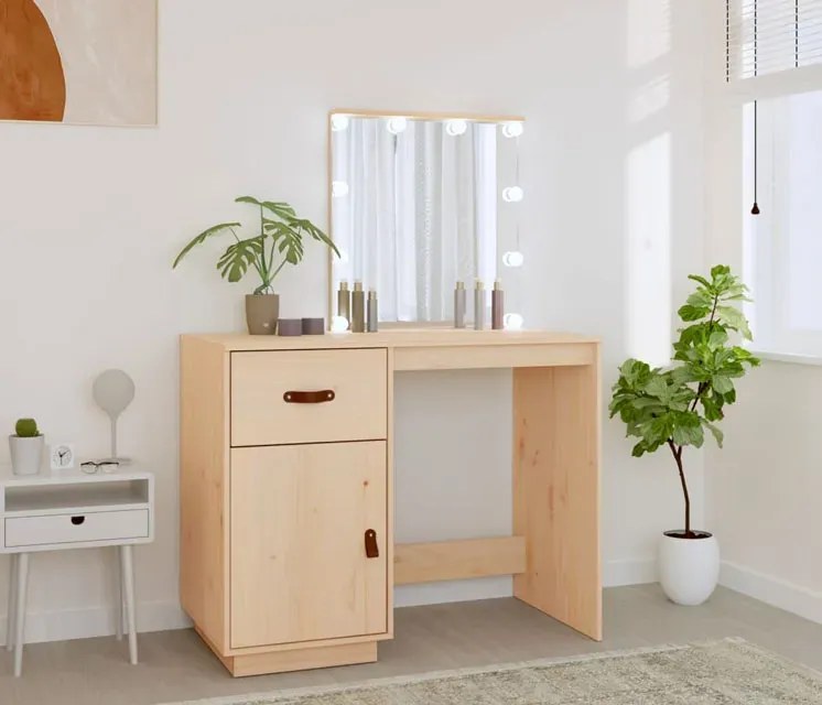 Drewniana toaletka z lustrem podświetlanym naturalna - Reneste