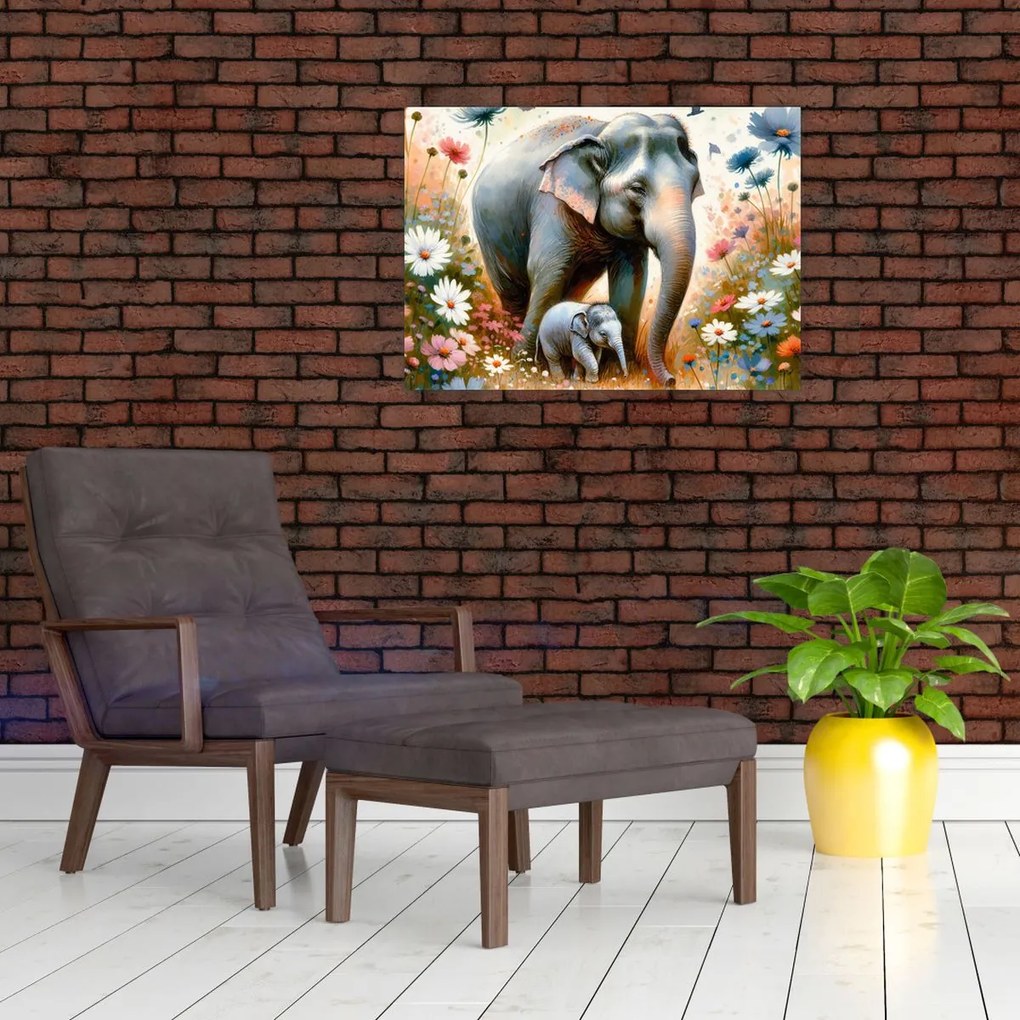 Obraz na szkle - Słoniowa mama, akwarela (70x50 cm)