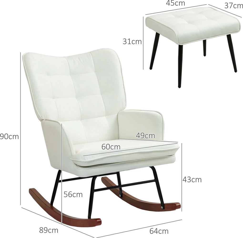 HOMCOM Fotel bujany z podnóżkiem, delikatny system bujania, imitacja lnu, 64 x 89 x 90 cm, kolor kremowy