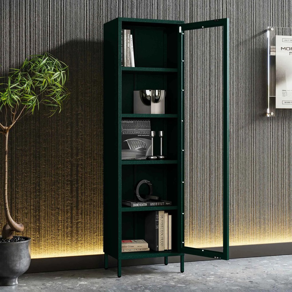 Witryna szklana do salonu wąska butelkowa zieleń Modern LUIGI 500 x 1800 x 350 mm