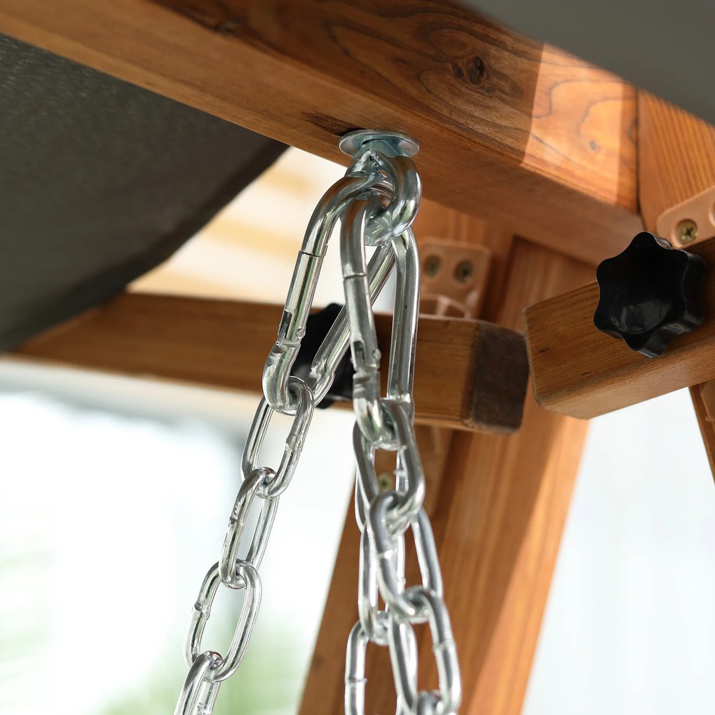 Outsunny Huśtawka Ogrodowa z Funkcją Łóżka 3-osobowa, Huśtawka z Drewna Modrzewiowego z Regulowanym Dachem Przeciwsłonecznym, Ławka Huśtawka Obciążenie 250kg, 225,5 x 113 x 180 cm Szary+Teak | Aosom PL