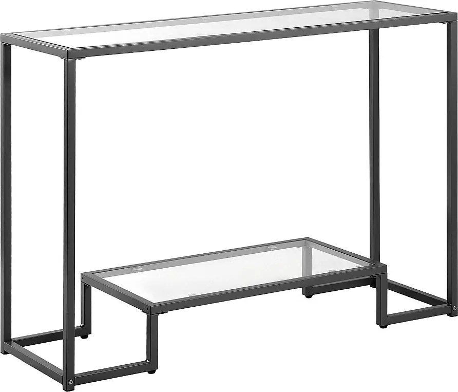 Stolik Konsolowy SucceBuy 2 Poziomy, Stolik do Kanapy z Blatem ze Szkła Hartowanego, Żelaznymi Nogami i Zabezpieczeniem Przed Przewróceniem, Czarny