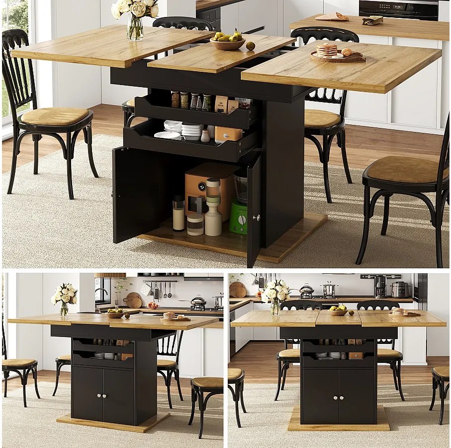 Rozkładany stół jadalny dla 6 osób - 110/140 x 80 cm x 76 cm - z 2 szufladami + 2 drzwiami - MDF - czarny