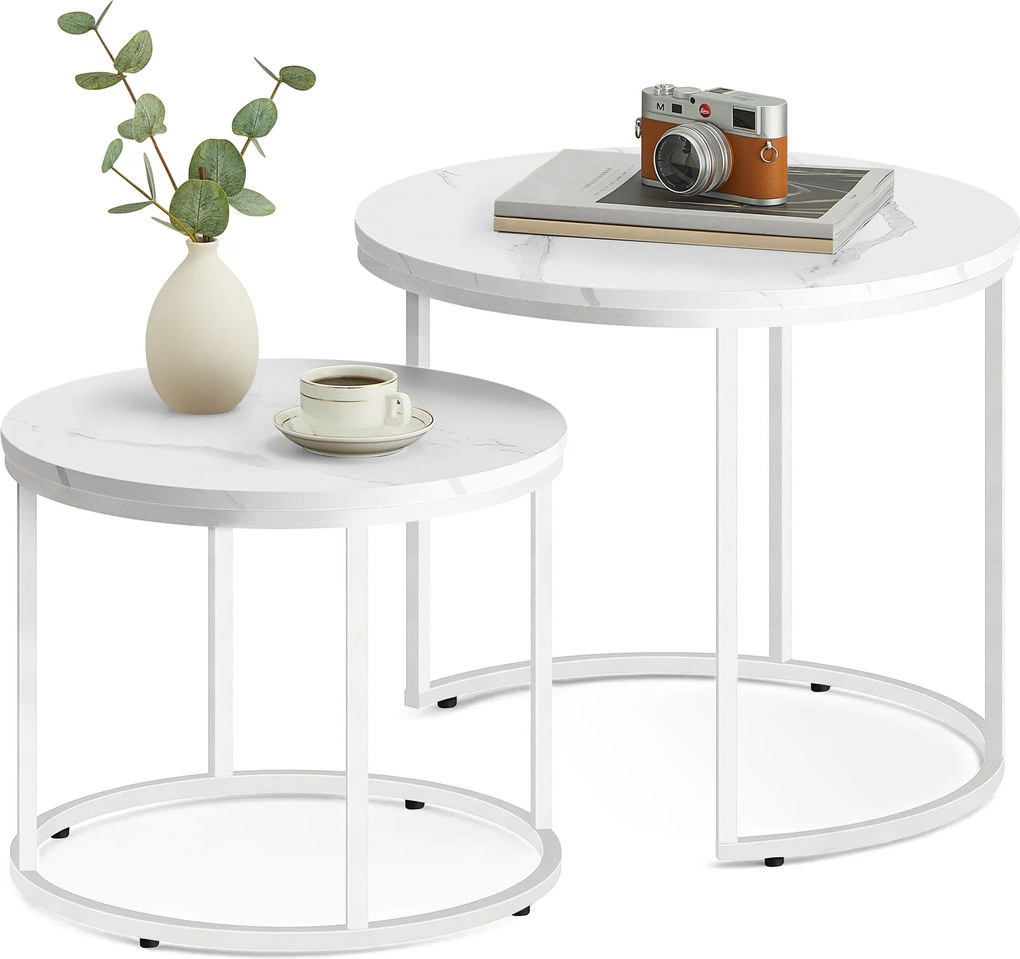 Stolik kawowy okrągły 2szt - marmur / nogi białe