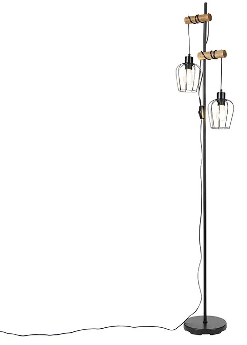 Rustykalna lampa podłogowa czarna z drewnem 2-światła - Stronk