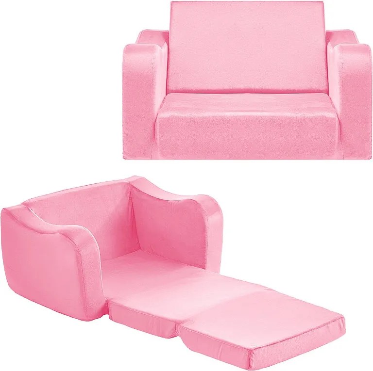 Kanapa dla Dzieci SucceBuy 2-w-1 Przekształcana w Leżankę, Składane i Miękkie Łóżko Kanapowe, z Podłokietnikami, z Gąbki 28D i Krótkim Włosiem, Różowy, M