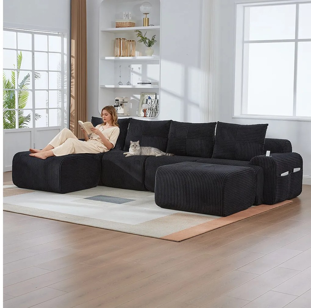 Sofa modułowa 4-osobowa - 333 x 174 x 80 cm - z 2 pufami + uchwytami na kubki + kieszenią do przechowywania - aksamitna - czarna