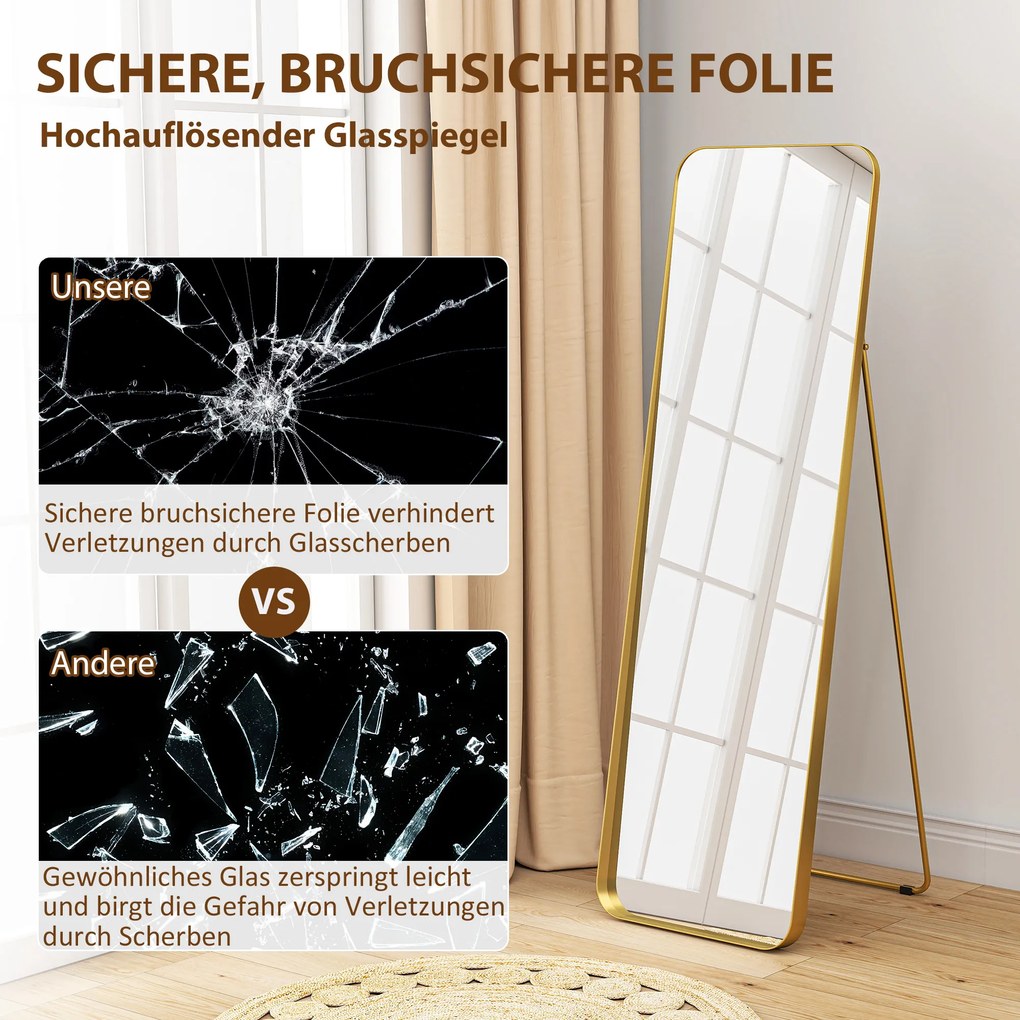 HOMCOM Lustro pełnowymiarowe, wolnostojące, regulowane, z metalową ramą, MDF, 160 x 50 cm, Kolor Złoty