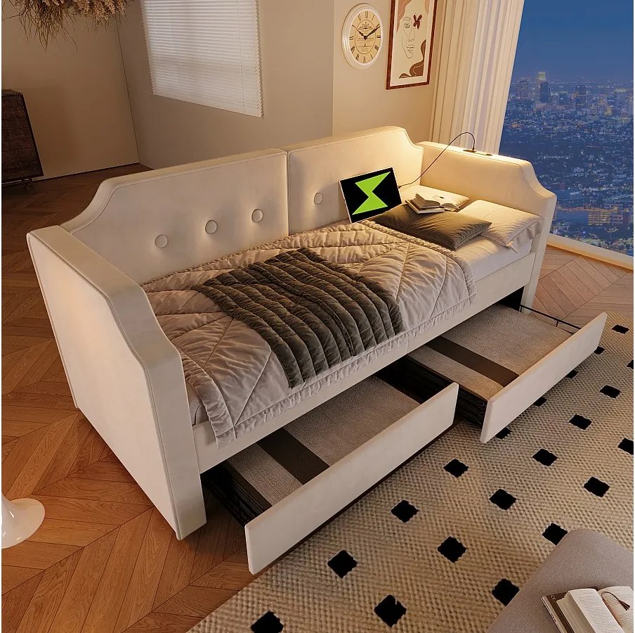 Łóżko tapicerowane 90 x 200 cm z 2 szufladami, sofa rozkładana z 2 szufladami, lampką do czytania i gniazdem USB typu C - Aksamit - Beż (bez materaca)