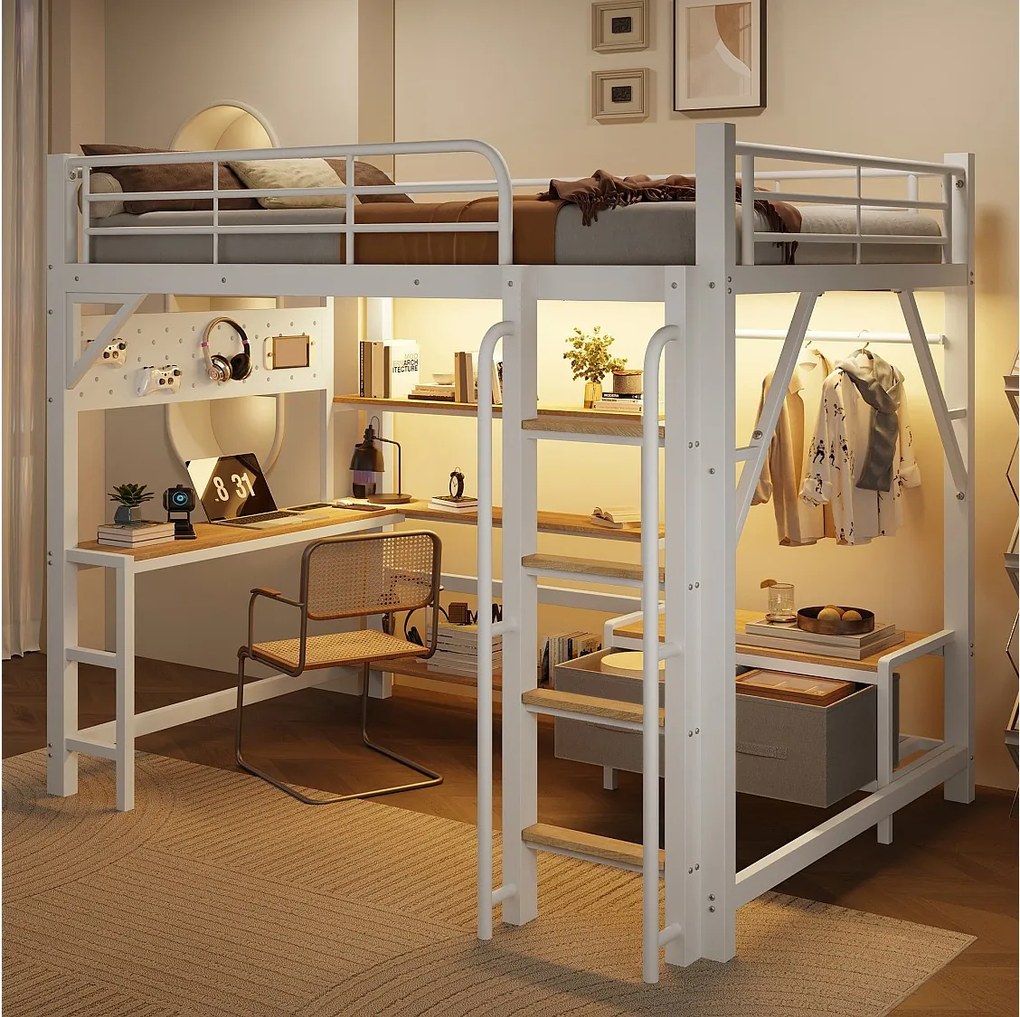 Łóżko piętrowe 140 x 200 cm z biurkiem, półkami, szafą i ścianką perforowaną – Metal i MDF – LED + USB – Białe (Materac nie jest wliczony w cenę)