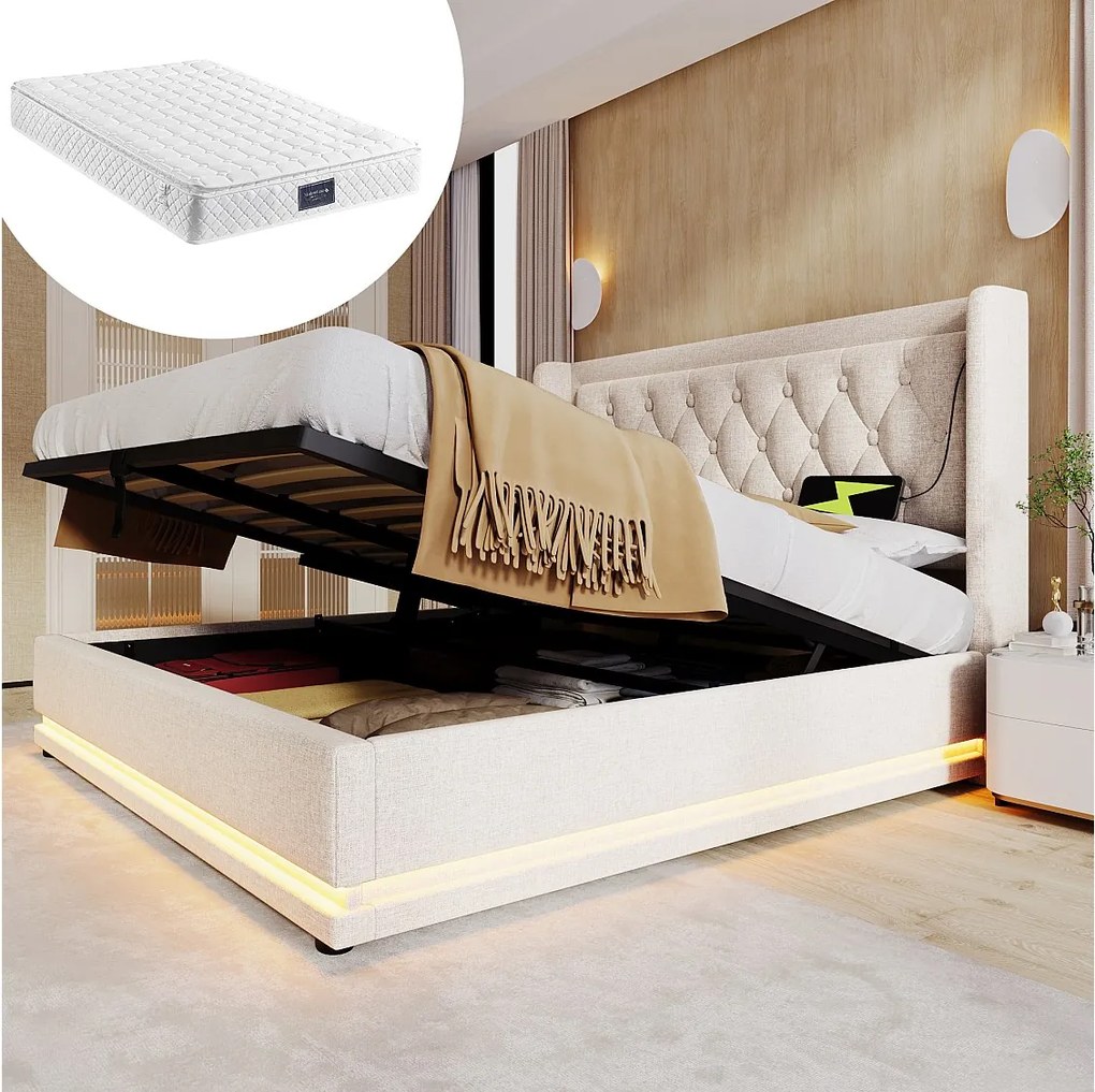 Łóżko tapicerowane dwuosobowe ze schowkiem - 140 x 200 cm - Materac + Leds + Zagłówek z USB - Tkanina bawełniana - Beżowy