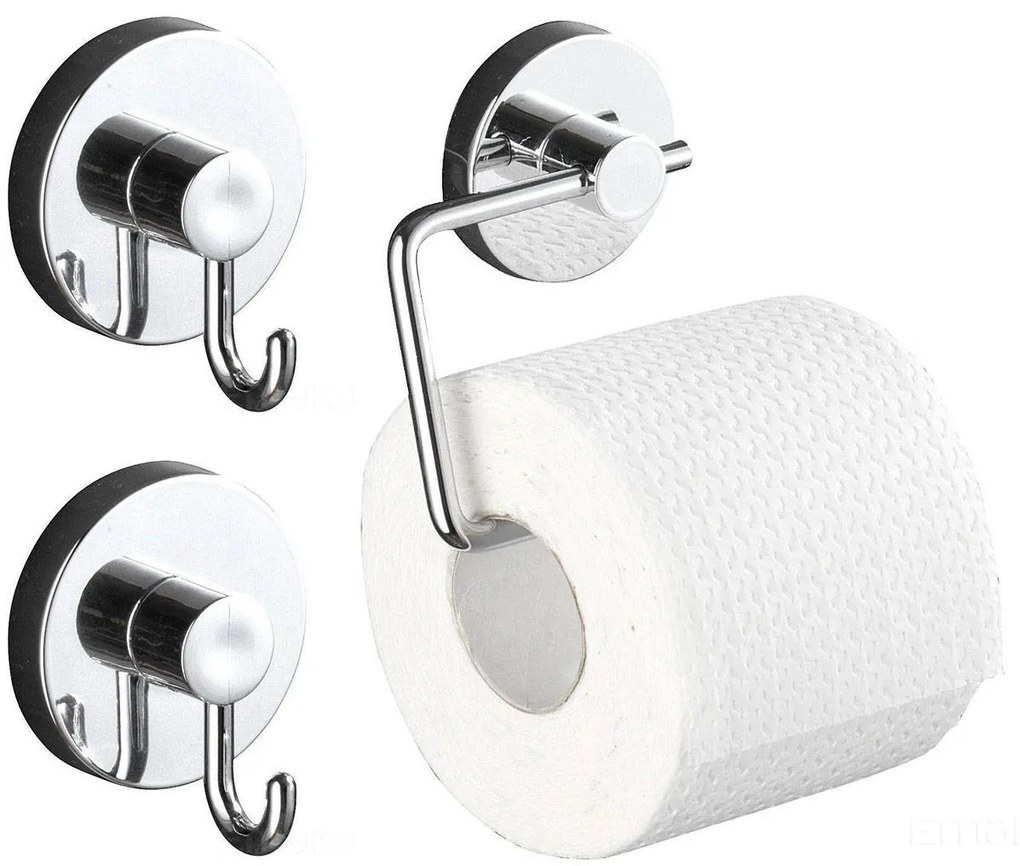 Zestaw: Uchwyt na papier toaletowy MILAZZO, Vacuum-Loc + Dwa wieszaki na przyssawki Vacuum-Loc, WENKO