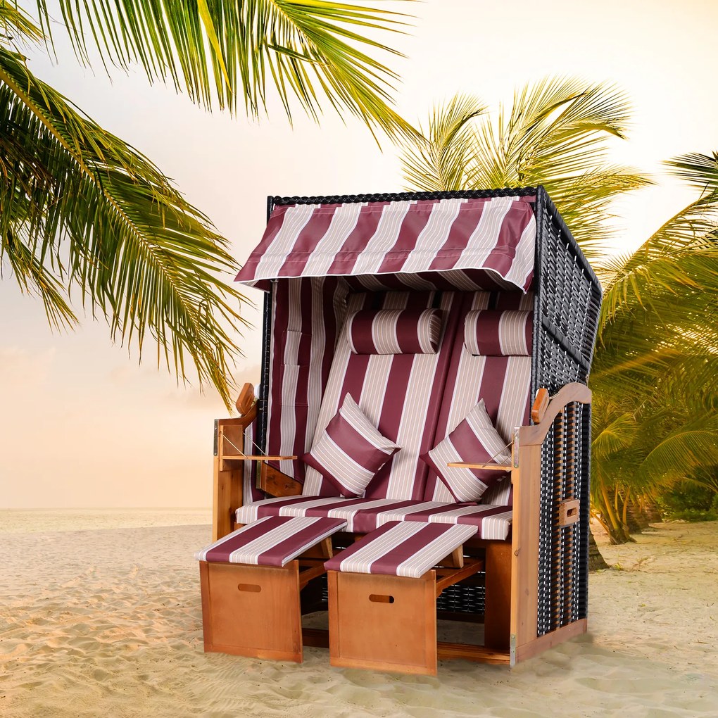 Outsunny Leżak ogrodowy 2-osobowy z daszkiem i podnóżkiem, rattan PE, czerwony, 118x79x150cm | Aosom PL