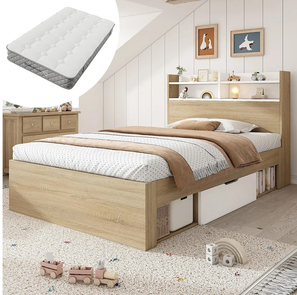 Łóżko pojedyncze drewniane - 90 x 200 cm - z zagłówkiem, schowkami, 2 szufladami i otwartymi półkami - drewno - kolor naturalny i biały (z materacem)