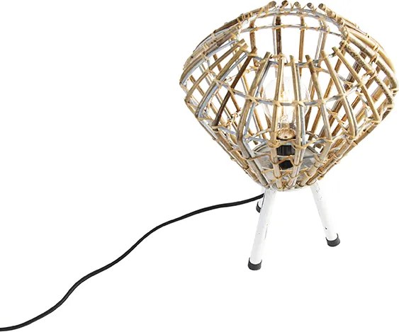 Rustykalna lampa stołowa trójnóg bambusowa z białym - Canna Diamond