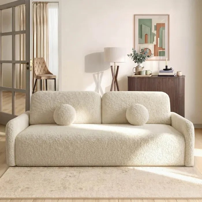 Sofa DUO Rozkładana Dwuosobowa Beżowa Boucle Japandi