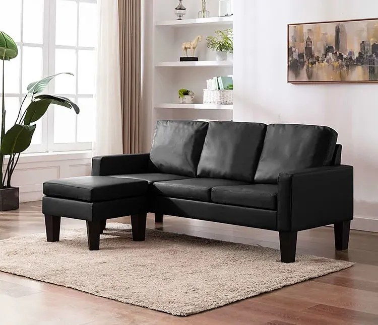 3-osobowa czarna sofa z ekoskóry z podnóżkiem - Lencor 4Q